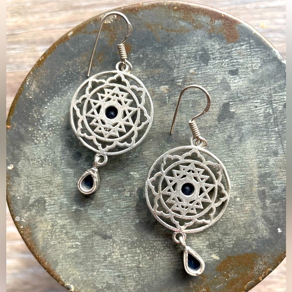 Silver 925 Blue Topaz Spiritual Mandala Dangle Drop 2” Pierced Earrings - Picture 6 of 8